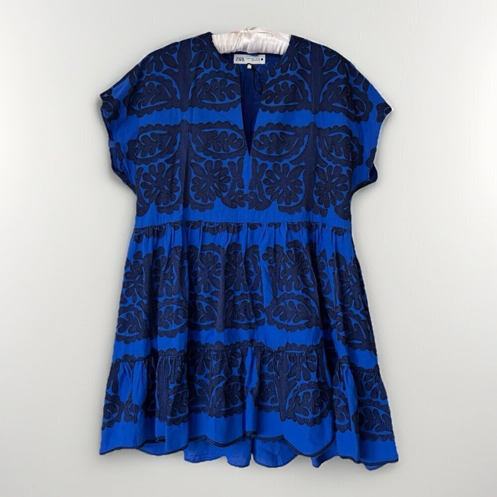 ZARA royal blue And Navy embroidered mini dress womens size Medium